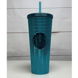 NWT / Starbucks Teal/Turquiose Studded Tumbler with Straw‎ / Sku0074
